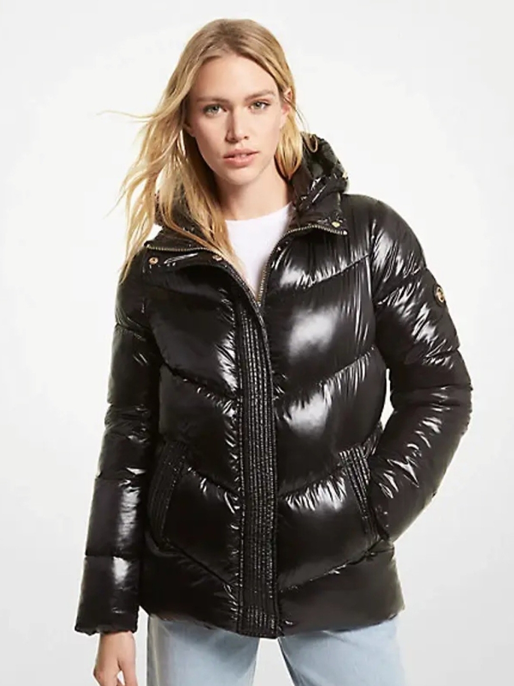 Michael Kors Ciré Shiny Black Hooded Quilted Puffer Jacket Size M